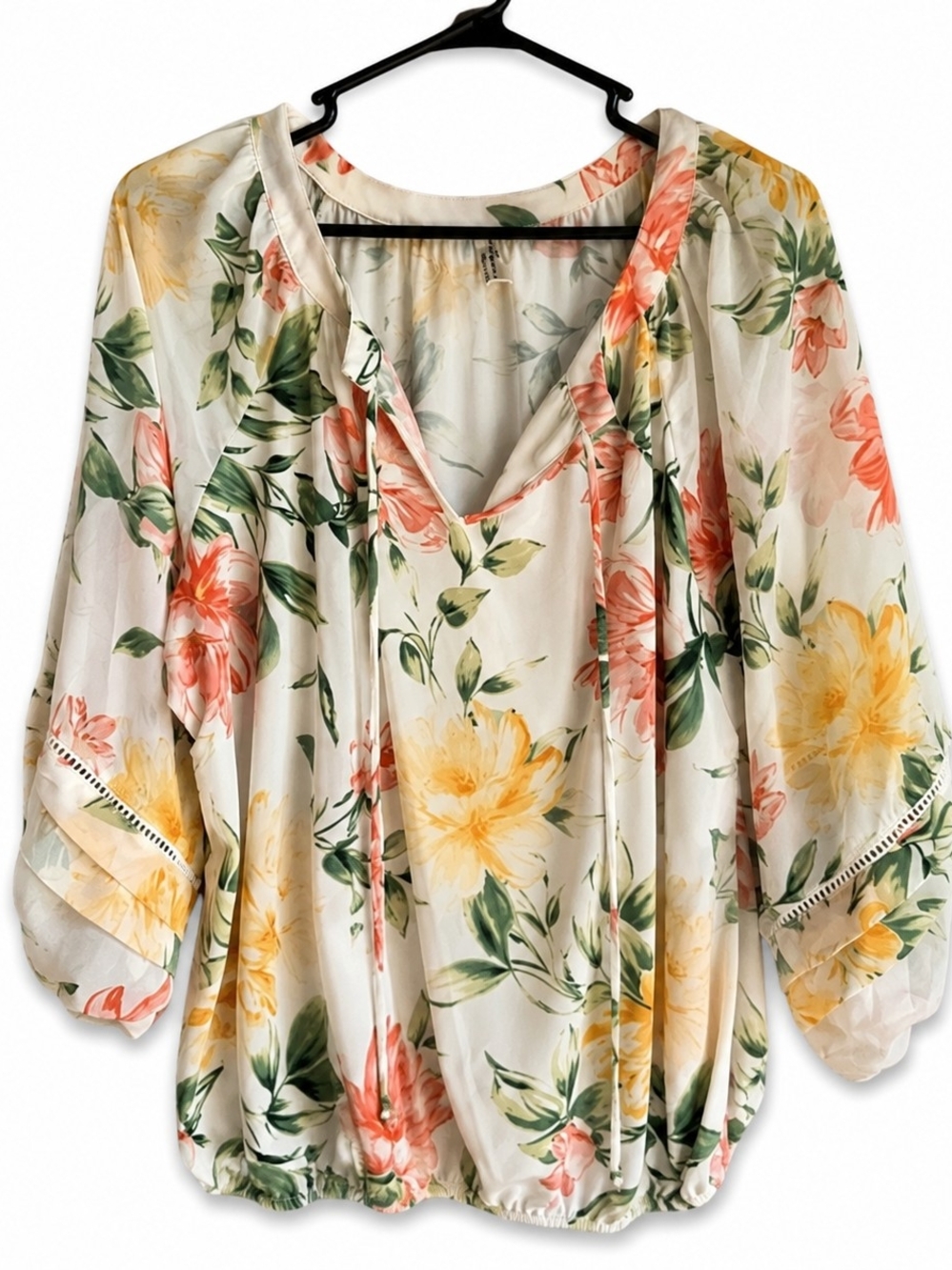 One September 2X Ivory Floral Tie Neck Blouse 3/4 Sleeve Top